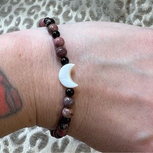 Black Line Rhodonite & Black Obsidian Moon Crystal Gemstone Stretch Bracelet